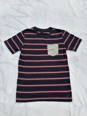 Levi's Boys Navy Tee with Red and Gray Stripes and Light Gray Pocket